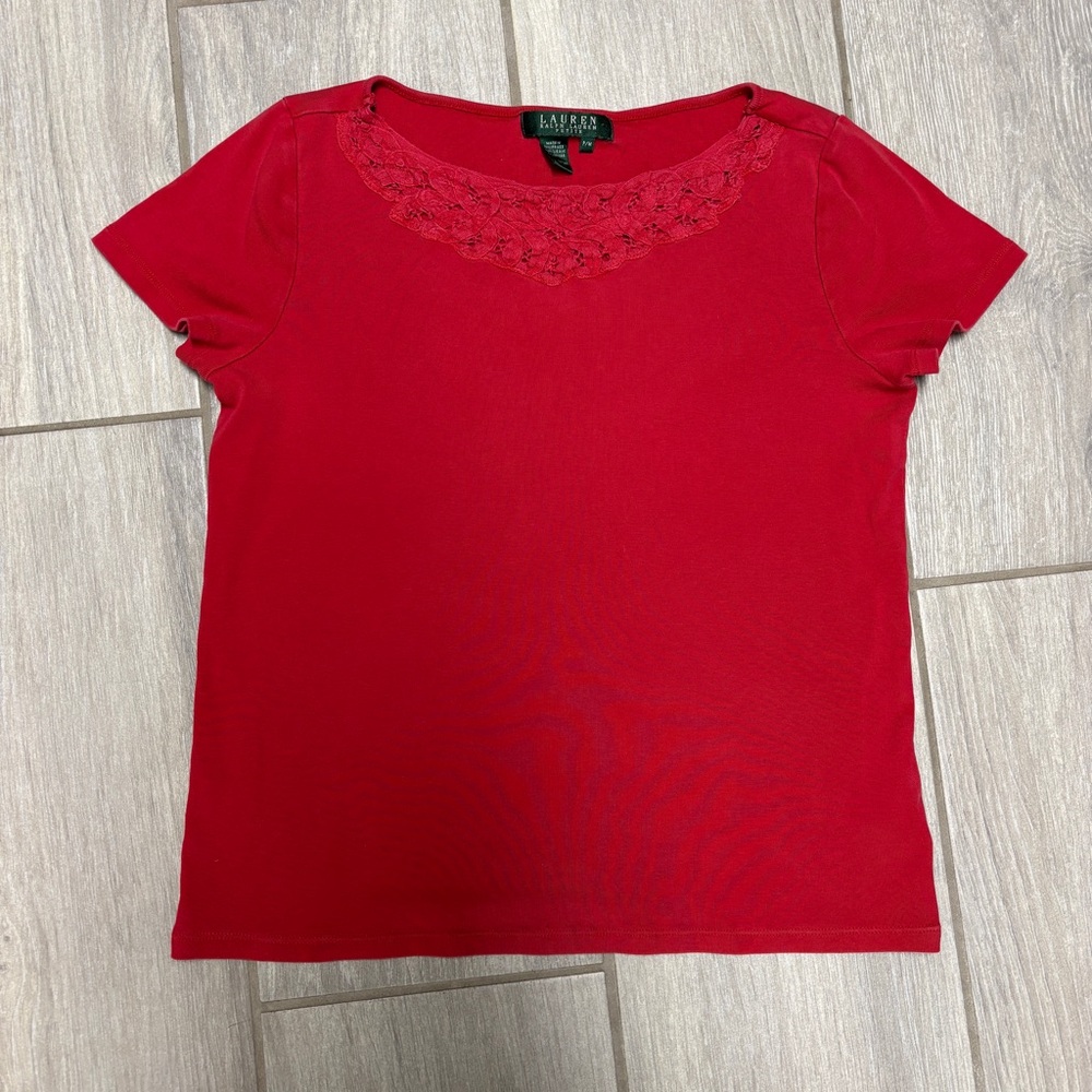 Vintage Ralph Lauren Red Knit Blouse with Lace Neckline – Women’s Size P/M
